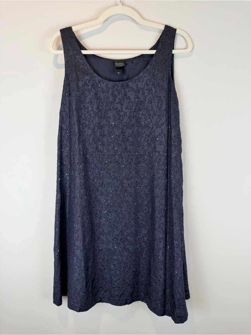 Eileen Fisher Navy Sleeveless Beaded Textured A-Line Dress Size Medium